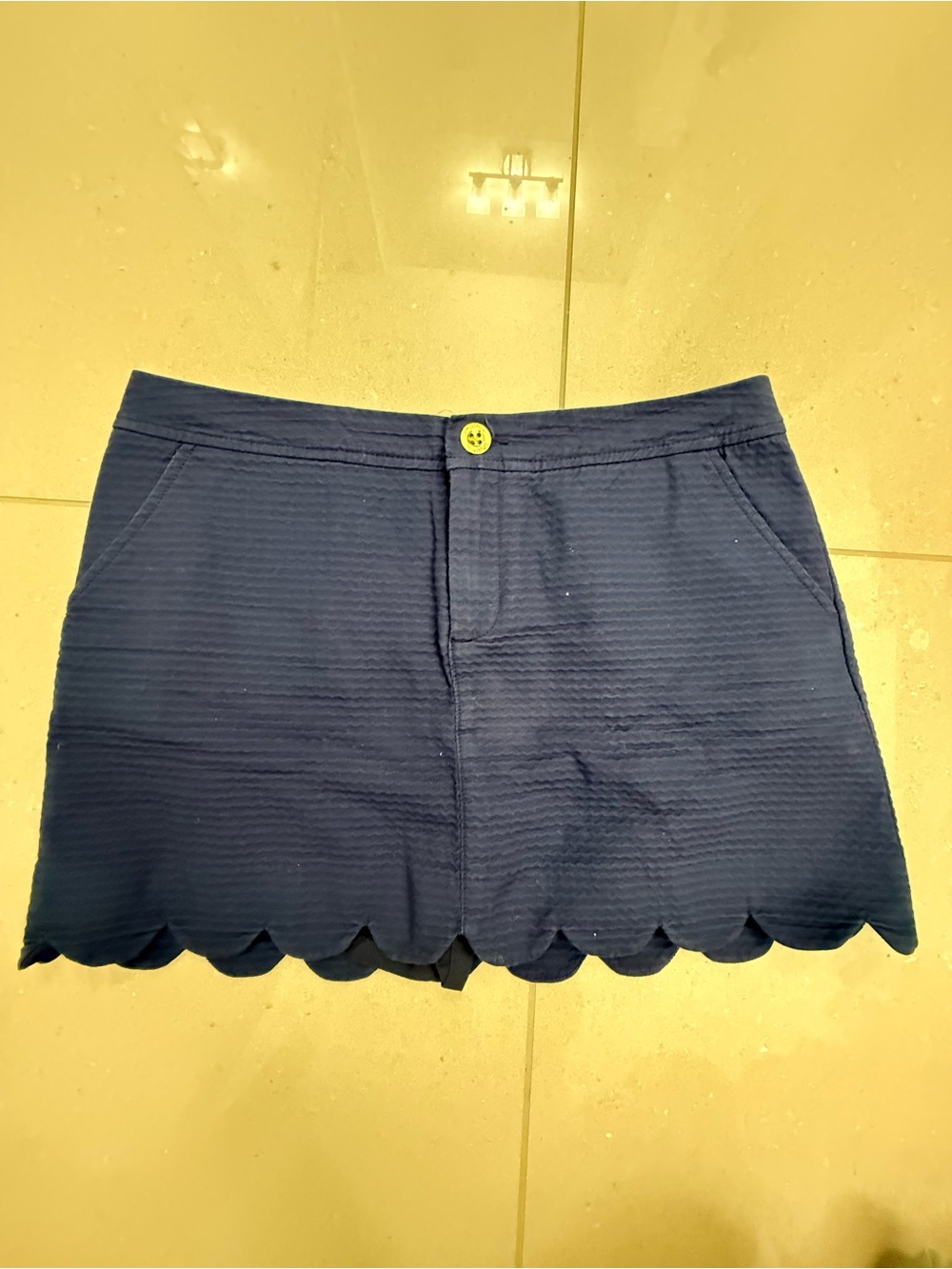 Lilly Pulitzer Navy Scalloped Hem Shorts with Gold Button